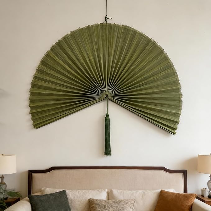 ChumDecor Fan Wall Decor, Japanese Giant Fan, Large Bamboo Fan Wall Art For Boho Hanging Headboard, Decorative Folding Fans For Over Bed, Asia Trending (Army Green 40inch)