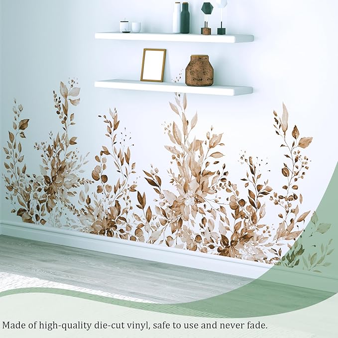 Brown Plants Leaves Wall Decals Peel and Stick, Large Floral Flowers Vinyl Wall Stickers, Removable Vine Home Decor Art for Bedroom Living Room Classroom Office