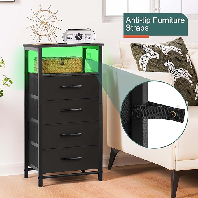 Yoobure Night Stand - LED Nightstand with Charging Station, Bedside Table with 4 Fabric Storage Drawers and Storage Shelf, End Table with USB Ports and Outlets, Tall Dresser for Bedroom