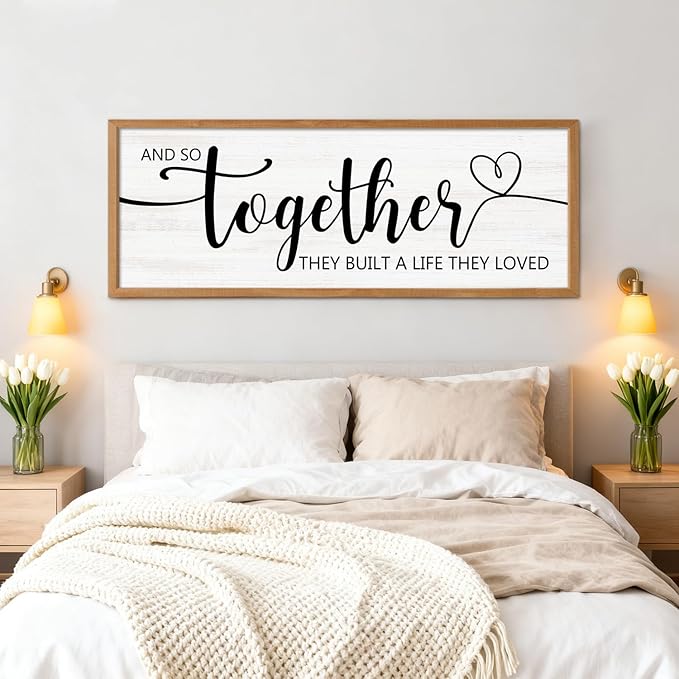 And So Together They Built A Life They Loved Decorative Rustic Sign & Plaque Framed Wall Art for Couples, 40''×15''Wooden Long Wall Decor Above Bed, Vintage Horizontal Farmhouse Wedding Gift