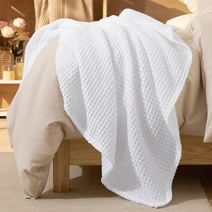 PHF Ultra Soft Waffle Weave Blanket Twin Size 66"x 90"- Washed Lightweight Breathable Cozy Woven Blanket for Bed - Aesthetic Decor for Couch Bedding Sofa Home Car - White