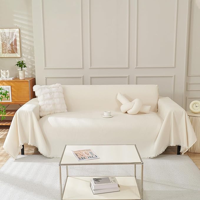 HANDONTIME Beige Sofa Cover with Tassels, Soft & Thick Couch Slipcover for 3 Cushion Sofa Pet-Friendly, Chenille Pet Covers for Couches and Sofas Washable, Cream Sectional Sofa Protector, 71"x118"