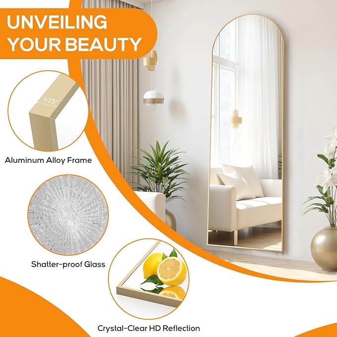 Mirror Full Length, Upgraded Body Wall Mirrors with Shatter-Proof Glass, Floor Standing, Hanging or Leaning, Tall Mirror with Stand Aluminum Alloy Frame for Bedroom Cloakroom