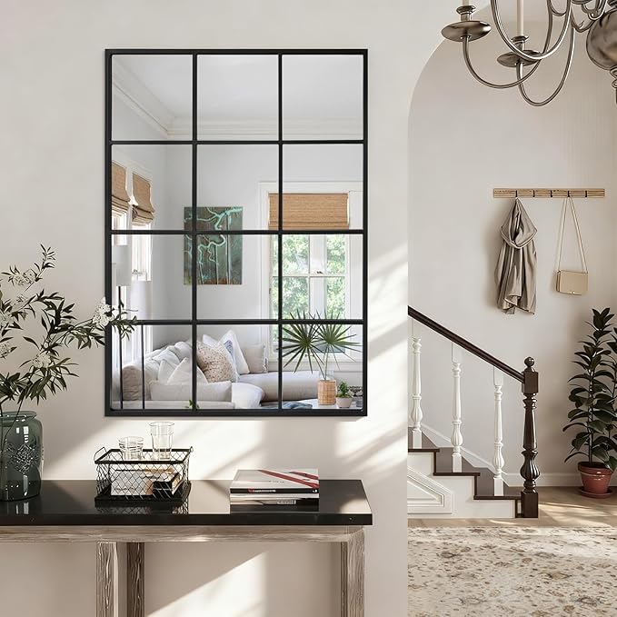 Large Black Rectangle Mirror, Metal Framed Wall Mounted Mirror Modern Artistic Decorative Mirrors for Living Room Bedroom Entryway, 24x35 Inch Decor
