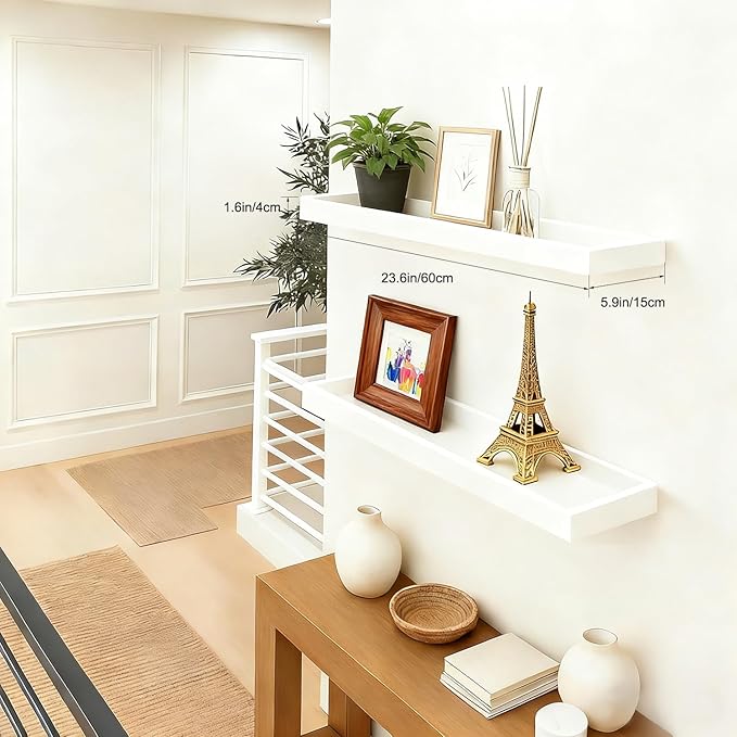 2 Pack 23.6 in White Floating Shelves for Wall, Wooden Wall Shelves for Bedroom Living Room Kitchen, Modern and Rustic Bathroom Shelves with Raised Lip, Decor Floating Shelf for Storage Display