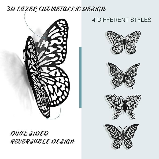 3D Butterfly Wall Decor 96Pcs 3 Sizes 4 Styles Butterfly Party Decorations Cake Decorations Removable Stickers Wall Halloween Decor Room Mural Metallic Kids