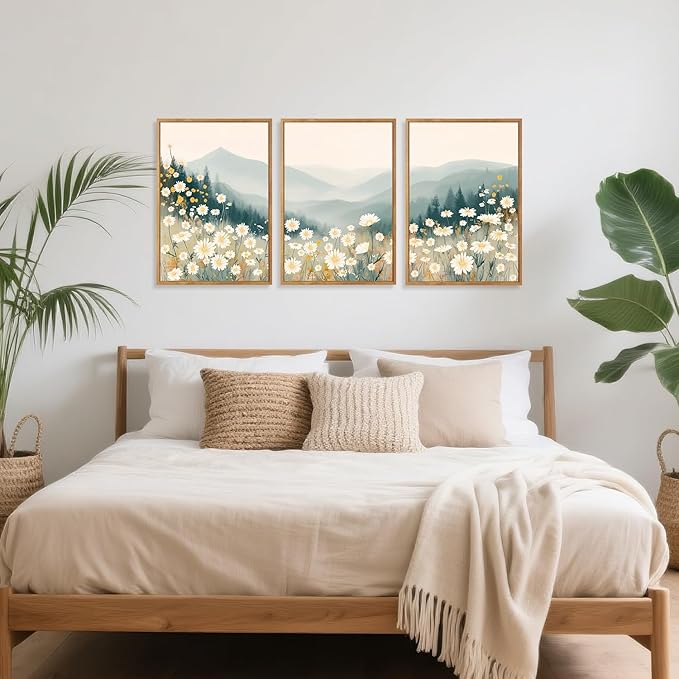 CHDITB Daisy Wall Art, Abstract Misty Mountain Wall Decor, Mountainside Daisies Wall Painting, Farmhouse Flowers artwork Nature Floral Landscape Art Prints for Living Room Bedroom Decor 12"X16"x3