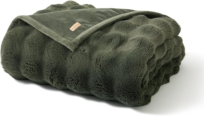 EverGrace Ultra Soft Luxury Fluffy Faux Rabbit Fur Throw Blanket, Thick Warm Bubble Throw for Bed, Cozy Plush Reversible Blankets for Couch, Chair, Sofa, Green, 50x60 Inches
