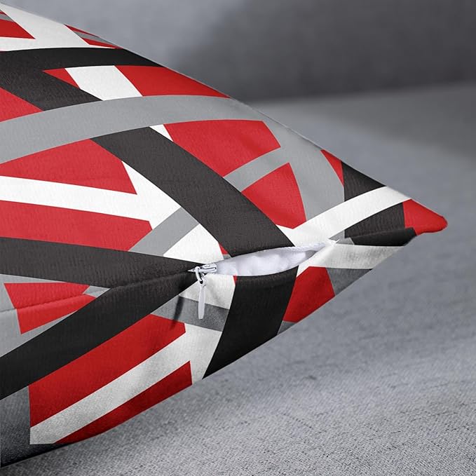 Emvency Set of 2 Throw Pillow Cover Red Black Stripes Grey White Design Retro Decorative Pillow Case Striped Home Decor Square 16x16 Inch Cushion Pillowcase