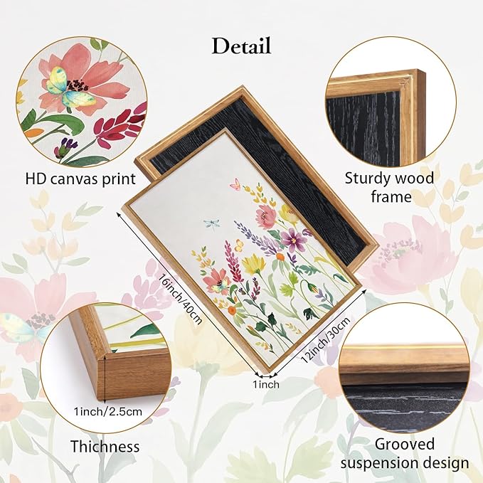 CHDITB Wildflower Framed Canvas Wall Art Set Of 3,Flower Artwork Modern Floral Wall Decor, Watercolor Nature Wall Painting, Minimalist Butterfly Art Prints For Bedroom Living Room Office Decor-12”X16”
