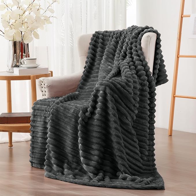 Vessia Flannel Fleece Throw Blanket for Couch,Sofa,Bed, 300GSM Striped Grey Throw Blanket for Adults and Kids, Super Soft Warm Cozy Lightweight Home Decor for All-Season(50x70inch)