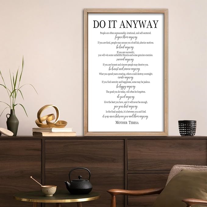 comurdyo Do It Anyway Wall Decor 24"x16" Mother Theresa Quotes Inspirational Sign Bible Verse Christian Motivational Modern Bedroom Vintage Wood Framed Farmhouse Wall Hanging Art (Wood)