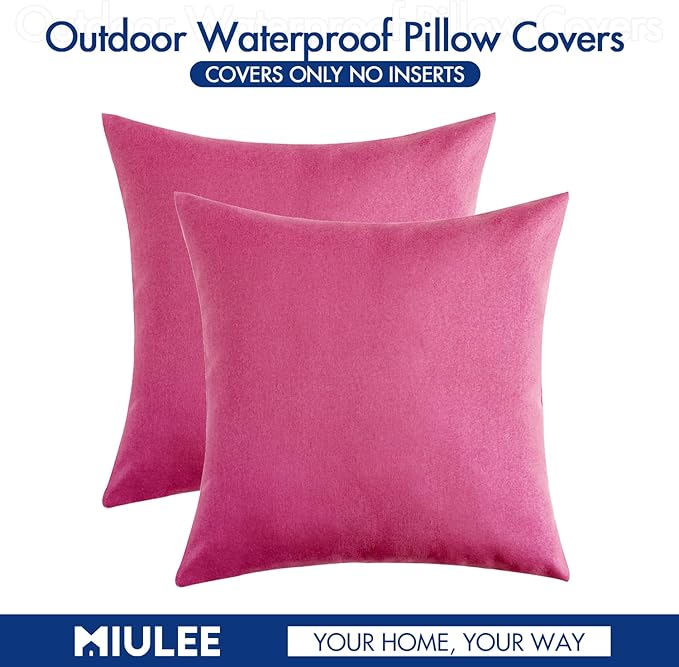 MIULEE Pack of 2 Decorative Outdoor Solid Waterproof Throw Pillow Covers Faux Linen Garden Farmhouse Cushion Cases for Patio Tent Balcony Couch Sofa 20x20 Inch Hot Pink