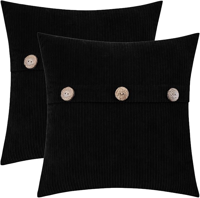 HWY 50 Black Chenille Throw Pillow Covers 20x20 Inch with Triple Buttons, Soft Farmhouse Accent Decorative Cushion Cases for Couch Sofa Bed Living Room Pack of 2