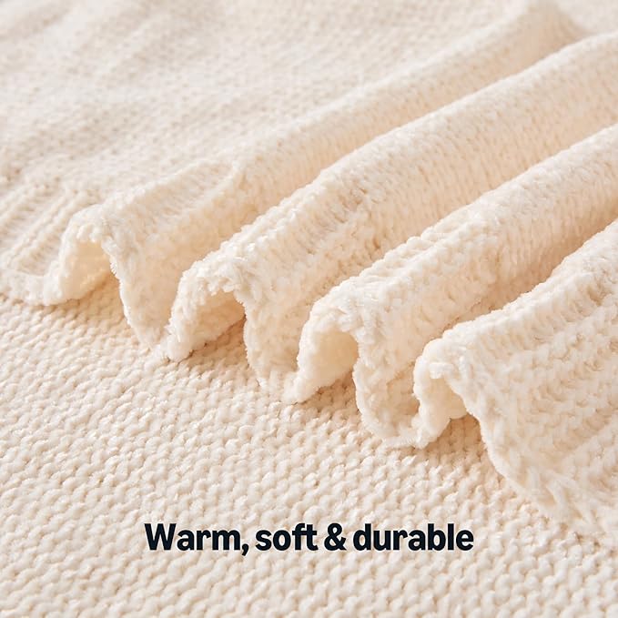Amazon Basics Chunky Chenille Knit Microfiber Throw Blanket for Couch, Bed and Sofa, Soft and Warm Lightweight Jersey, 50"×60", White
