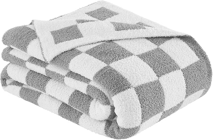Checkered Throw Blanket, Light Grey Soft Cozy Fluffy Knitted Throw Blankets for Couch, Sofa, Bed, Chair, Warm Fuzzy Travel Picnic Lightweight Plaid Blanket, 60x80 inches
