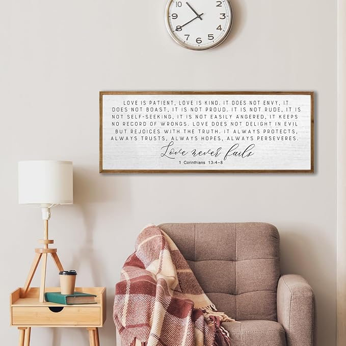 TQianJiang Christian Wall Art 1 Corinthians 13:4-8 Bible Verse Wall Art Love is Patient Kind Sign 40"×15" Inspirational Quote for Couple Bedroom Above Bed Wood Framed Wall Hanging (Wood)