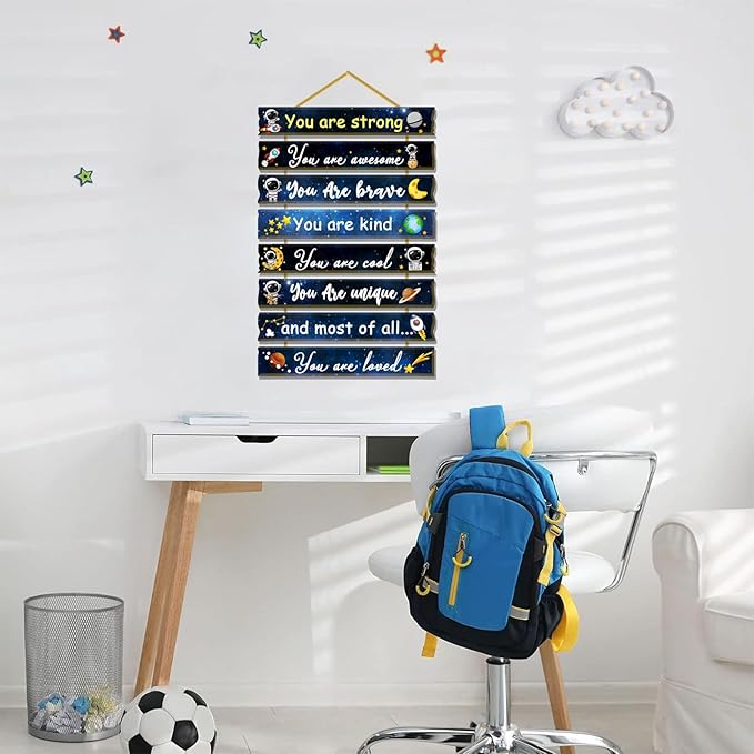 Rutiyoka Outer Space Themed Room Decor for Boys Bedroom Wall Inspirational Art Kids Wood Decorations Little Boy Nursery Toddler Sign