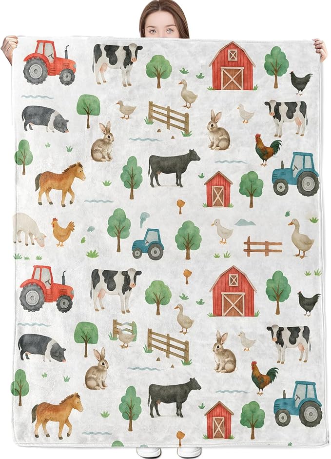 Farmhouse Blanket Cute Farm Pattern with Cow Horse Tractor and Barn Throw Blankets Lightweight Flannel Throws for Camping Couch Office Bed Country Home Decor Gifts for Adults,80x60inch