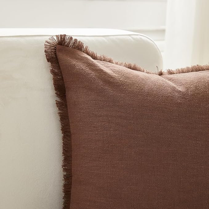 Sunday Praise Set of 2 Linen Fringe Decorative Pillow Covers 20x20 Inch Farmhouse Accent Boho Throw Pillow Cases with Tassels Cozy Soft Square Cushion Covers for Couch Sofa Bed Home Decor,Cocoa Brown