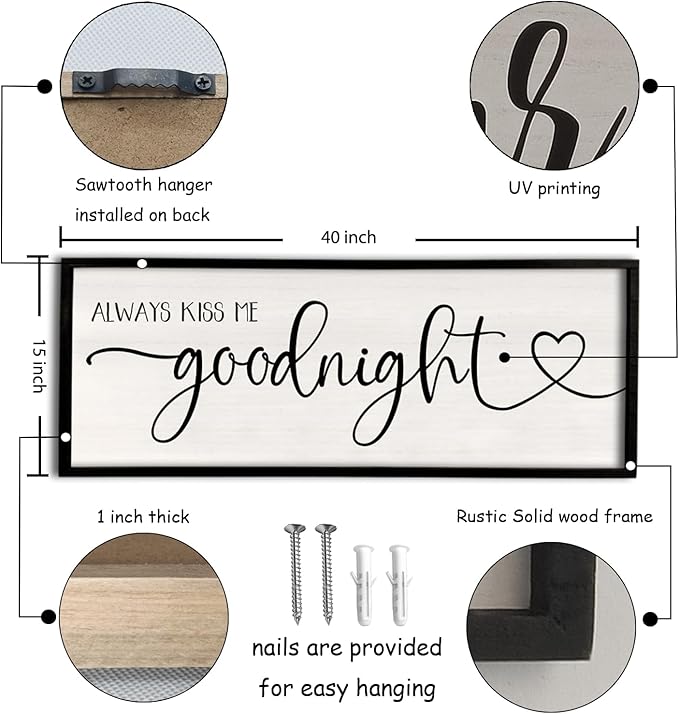 flowtorely Master Bedroom Above Bed Wall Decor 40''×15'' Always Kiss Me Goodnight Sign Rustic Farmhouse Couples Over Bed Romantic Modern Large Wood Frame Wall Hanging Prints Art (Black)