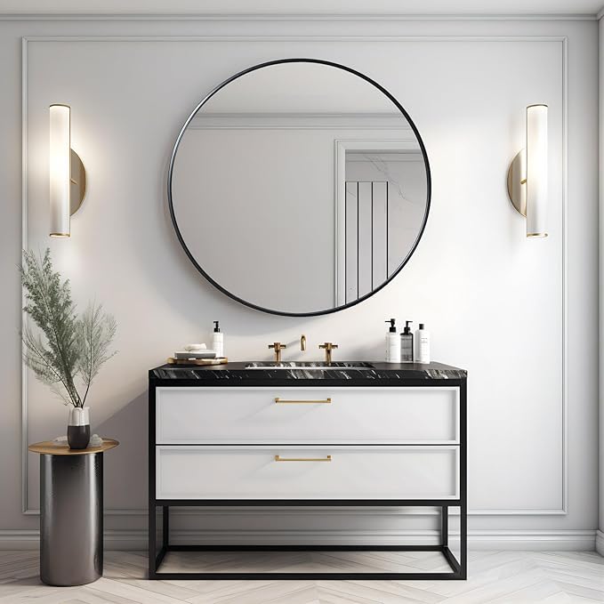 Growsun 32 inch Wall Round Mirror, Large Wall Mounted Circle Mirror Black Metal Frame for Bathroom, Entry, Dining Room, & Living Room
