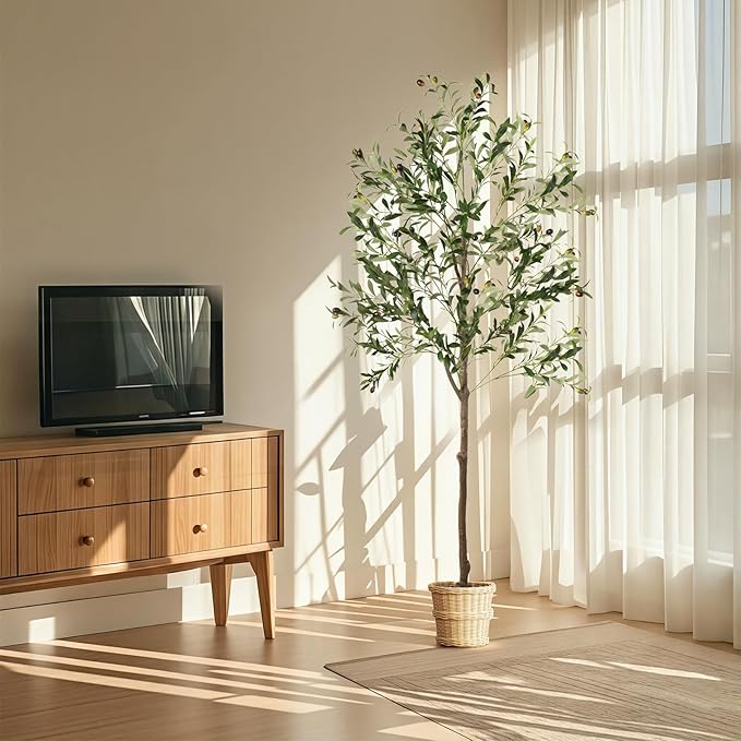 Olive Tree, 6FT Tall Faux Olive Tree with Moss and Planter, Olive Trees Artificial Indoor with Realistic Wood Trunk and Lifelike Fruits, Fake Tree for Home Office Living Room Decor