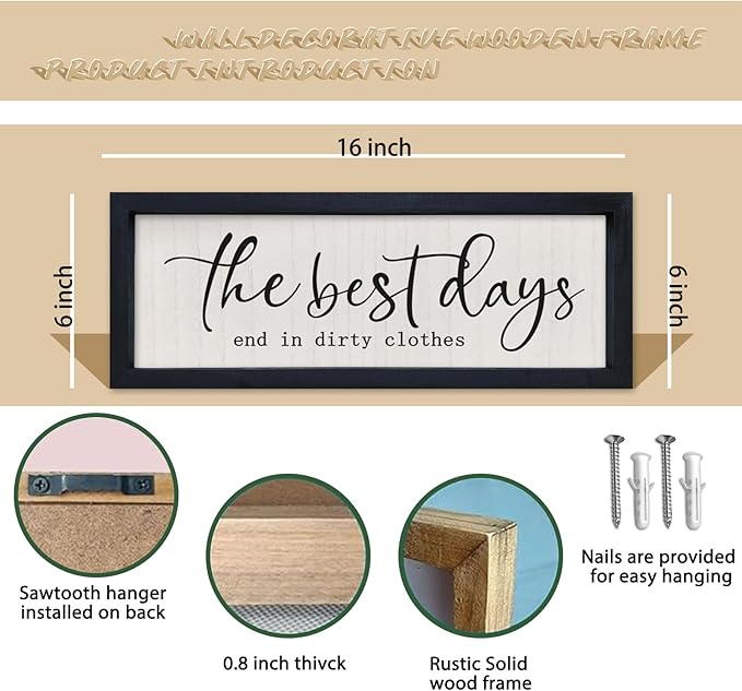 comurdyo Laundry Sign Wall Decor 16"×6" The Best Days End In Dirtiest Clothes Funny Laundry Room Bathroom Wood Framed Hanging Wall Art (Black)