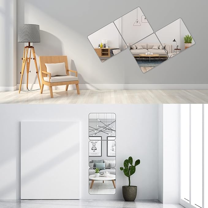 Full Length Mirror Unbreakable Gym Mirrors for Home Gym, 12"X12"X0.12", 4 Pcs, Plexiglass Locker Tiles, Body Workout Wall Mirror for Bedroom, Over The Door Wall-Mounted Sticker