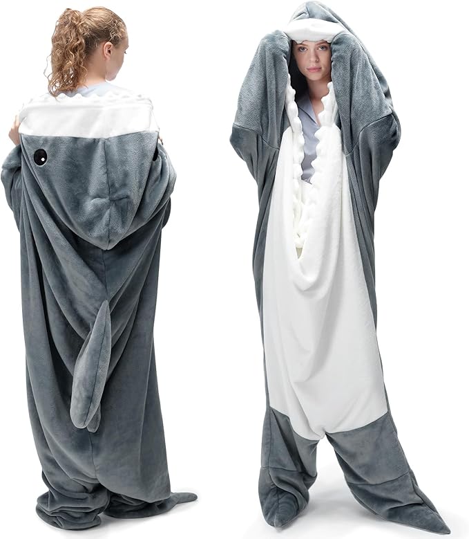 Touchat Shark Blanket for Adult Super Soft Cozy Flannel Throw Wearable Blanket, Cartoon Animals Shark Onesie Hoodie, Sleeping Bag Cosplay Shark Costume Blanket Gifts for Shark Lovers (Grey, M)