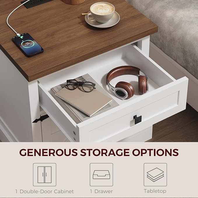 Farmhouse End Table with Charging Station, 23.6" Large End Tables Living Room, Sofa Side Table with Barn Door, Wooden Rectangular Nightstand Bedside Table with Drawer, Walnut ETBZ157E01