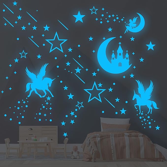 Glow in The Dark Unicorn Wall Decal Sticker, Cute Fairy Girl Bedroom Star Decoration, Glowing Moon Castle Ceiling Decor for Nursery Room