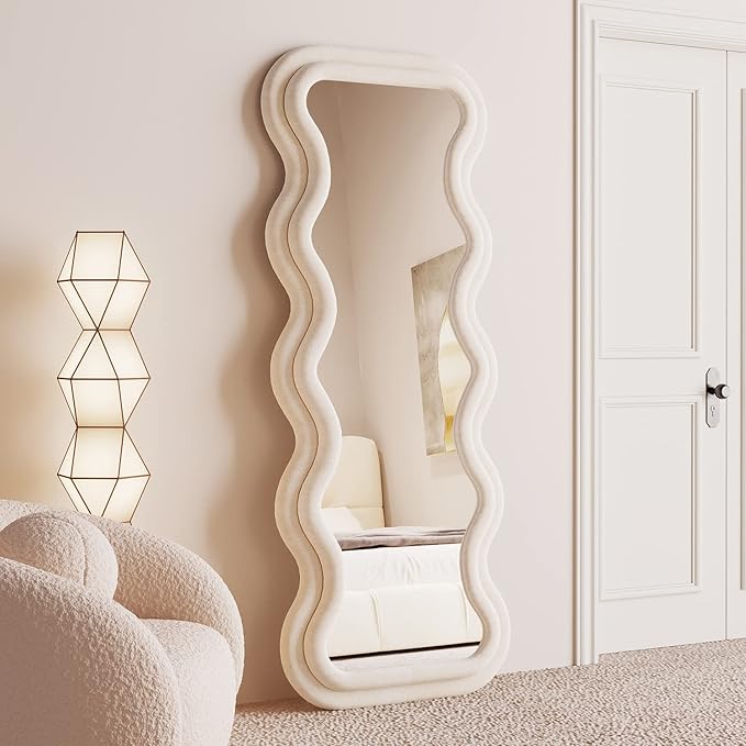BOJOY Full Length Mirror 63"x24", Irregular Wavy for Standing Hanging or Leaning Against Wall for Bedroom, Flannel Wrapped Wooden Frame-White
