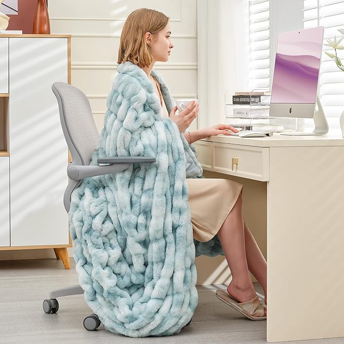 Ultra Soft Luxury Faux Fur Throw Blanket for Couch, Fuzzy Fluffy Plush Warm Cozy Ruched Blanket for Sofa Bedroom Living Room, Elegant Gift Idea for Women (50"x60",Tie-dye Freshwater Blue)