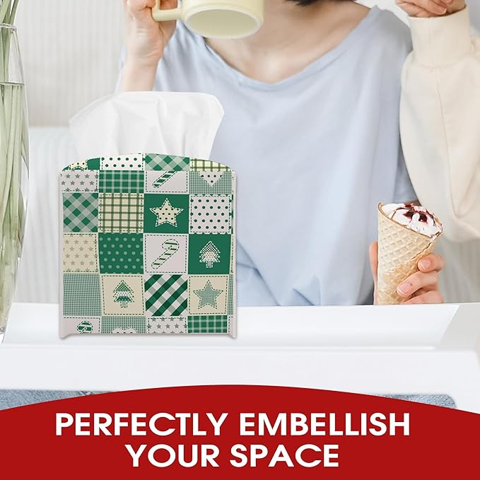 Christmas Patchwork Print Design Tissue Box Cover Holder, Green Waterproof Tissue Box Cover Square, Xmas Gift Ideas for Family Friends, Bathroom Kitchen Car Office Home Decor(5.2 Inches)-B20