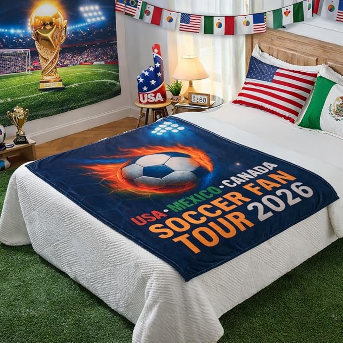 Soccer Fan Tour 2026 Throw Blanket, Soft Flannel Football Season Blanket for Couch Bed, Game Day Soccer Gift for Men Women Kids