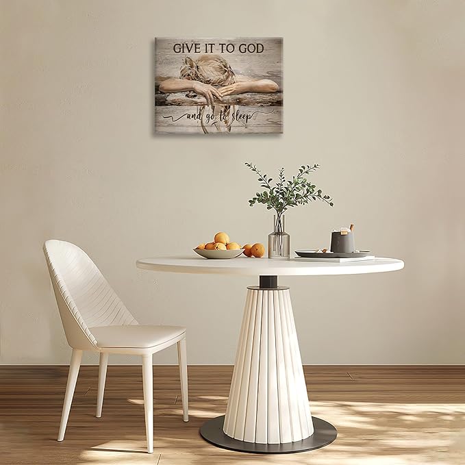 Farmhouse Wall Decor for Bedroom Give It to God and Go to Sleep Sign Pictures Rustic Above Bed Wall Art Christian Girl Sleep Painting Country Bible Verse Canvas Framed Print Artwork 20"x16"