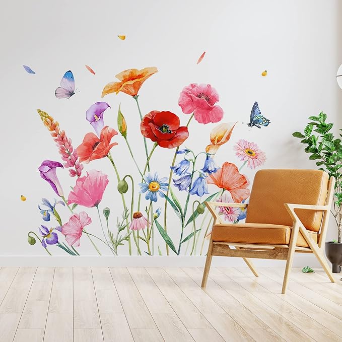 Zonon 6 Pcs Flowers Wall Decals Stickers Vinyl Removable Peel and Stick Colorful Dragonflies Floral Wall Murals Decor for Bedroom Living Room Nursery(Exquisite)