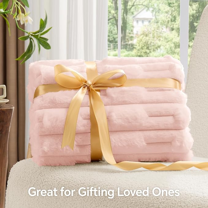BEDELITE Faux Fur Twin Blanket for Couch - Super Soft & Cozy Plush Striped Blanket for Sofa and Room Decor, Luxury Fluffy All-Season Blankets Gift for Women, Men, Mom, Dad, 60x80 inch, Pink