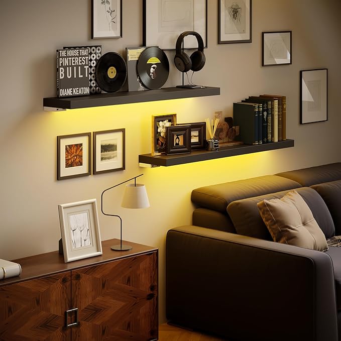BAMEOS RGB LED Floating Shelves for Wall, 35" Wall Mounted Wooden Shelves with Invisible Brackets, Set of 2, Hanging Wall Shelves for Bedroom, Living Room, Kitchen, Study(Black)