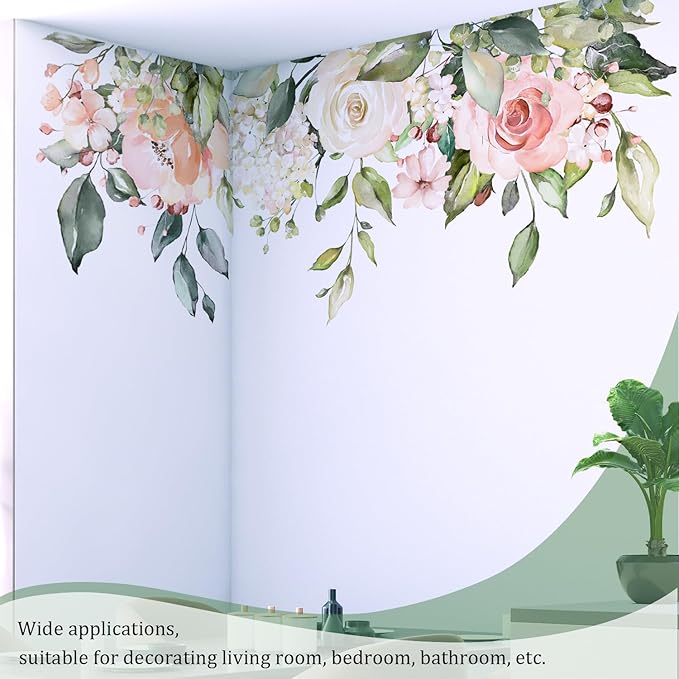 Flowers Leaves Wall Decals Peel and Stick, Large Floral Flowers Wall Stickers, Removable Vine Home Decor Art for Bedroom Living Room Classroom Office