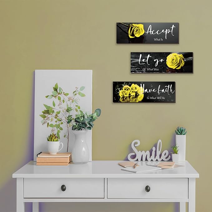 ZINYAZHE 3 Pcs Yellow Wall Decor Inspirational Yellow Rose Bathroom Wooden Wall Art Office Wall Decor With Accept Let Go Have Faith Quotes For Girl Women Bathroom Bedroom(yellow 12 X 4 Inch)