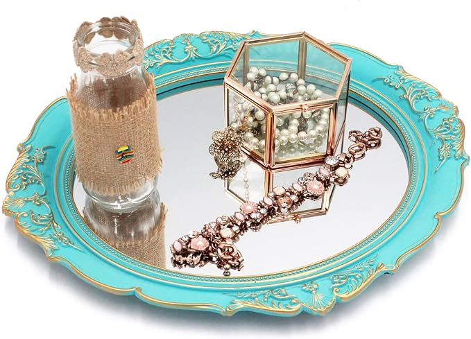 Eaoundm 13.1 x 14.8 inchs Decorative Wall Mirror,Vintage Hanging Mirrors for Bedroom Living-Room Dresser Decor Oval (Blue 2 Pcs)