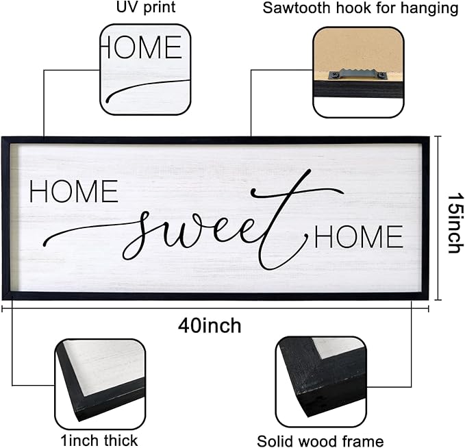 Home Sweet Home Decorative Rustic Sign & Plaque Framed Wall Art for Couples, 40''×15'' Vintage Farmhouse Wooden Horizontal Home Sweet Home Wall Decor Above Bed, Cottagecore Wedding Gift