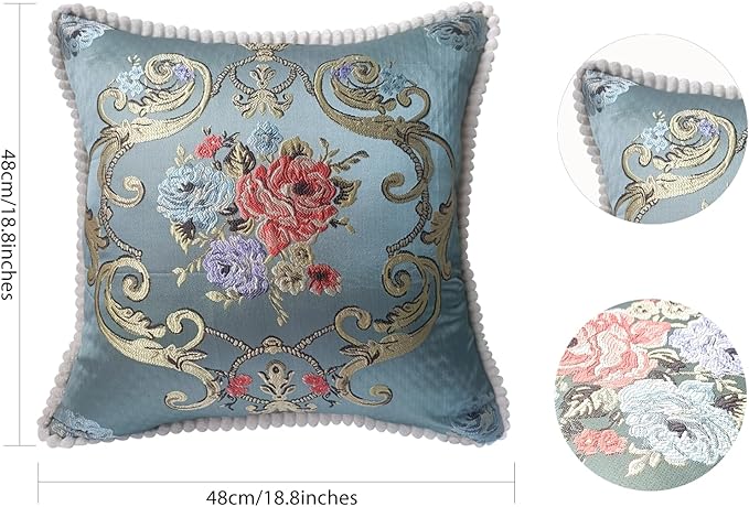 SZHELEJIAM Pillow Cover 18x18 Set of 2,Embroidered Jacquard Throw Pillow Covers,Vintage Floral Decorative Cushion Covers for Sofa, Bed,Lounger Blue