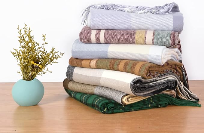 David's Home Buffalo Plaid Throw Blanket- Soft Lightweight Tartan Checker Blanket with Decorative Tassels for Couch Sofa-Outdoor Fringe Lap Throw-Farmhouse Style-50x60 Inches-White+Greyish Blue/Purple