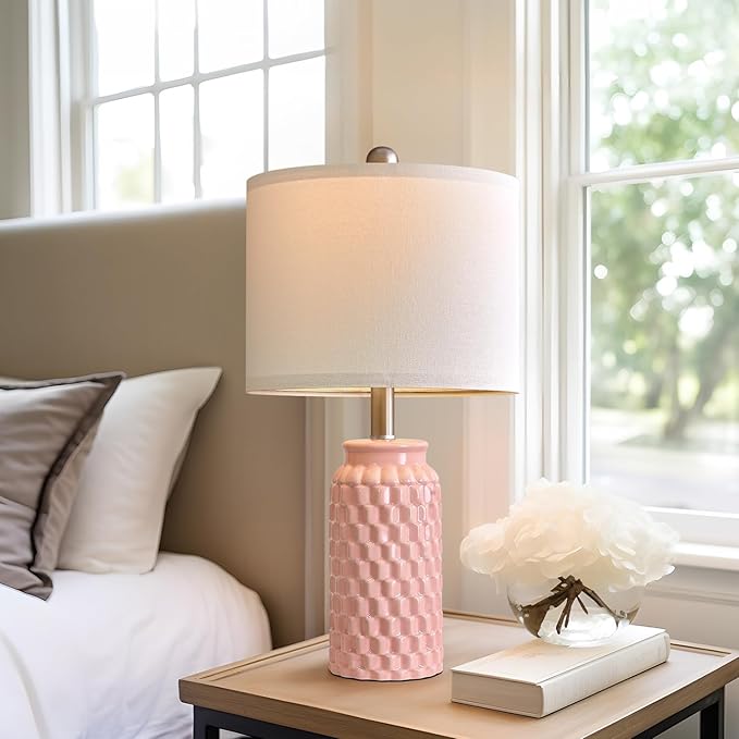 20.5" Small Bedside Lamps Set of 2 with 5FT Cord, Pink Ceramic Modern Farmhouse Table Lamps for Nightstand, Living Room, Bedroom, 3D Honeycomb Stylish End Table Lamps(Bulb Not Included)