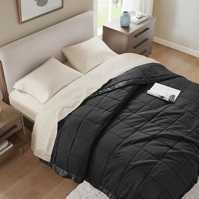 Madison Park Queen Size Blanket Ultra-Soft Microfiber Queen Size, Box Quilting with Satin Binding, All Season & Lightweight Queen Summer Blanket for Bed, Couch & Sofa, Full/Queen, Black