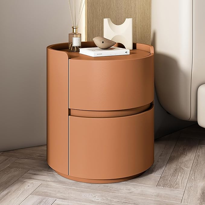 Round Nightstand,Bedside Table with 2 Solid Wood Storage Drawers,Modern Minimalist Bedroom Side Table,Leather Night Stands for Bedroom/Living Room,No Installation Required,End Table
