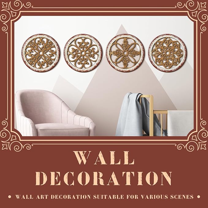 Yulejo 4 Pcs Thicken Rustic Wall Decor Farmhouse Kitchen Wall Round Art Wooden Hollow Carved Design Rustic Art for Living Room Bedroom Hallway Decor (9.8 x 9.8 Inch,Light Brown)